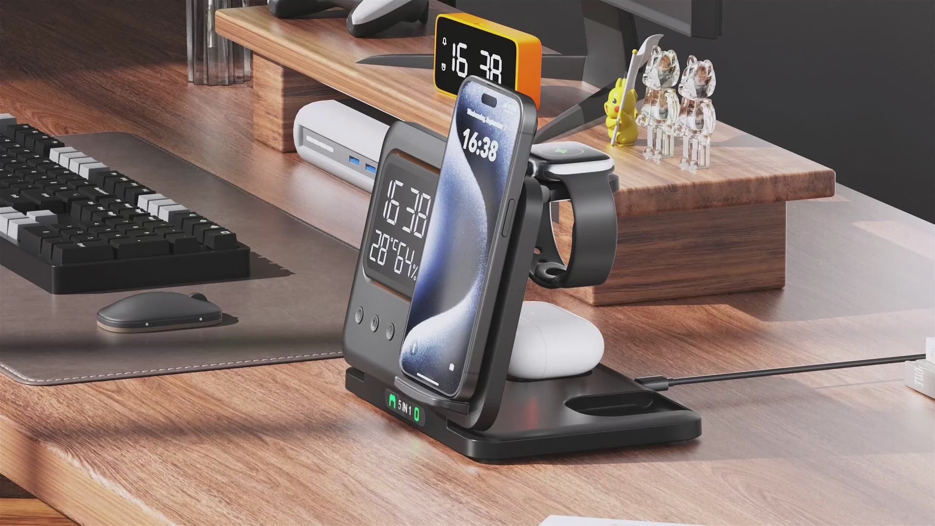 15W Wireless Chargers Stand 5 In1 LED Digital Alarm Clock Fast Charging Dock Station